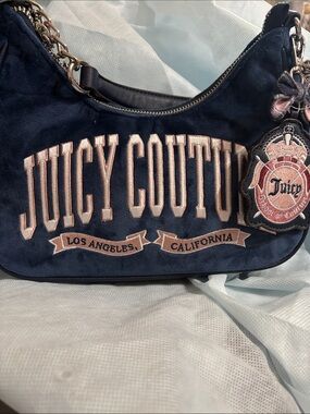 Juicy Couture Navy Suede Shoulder Bag with Blush Pink Embroidery